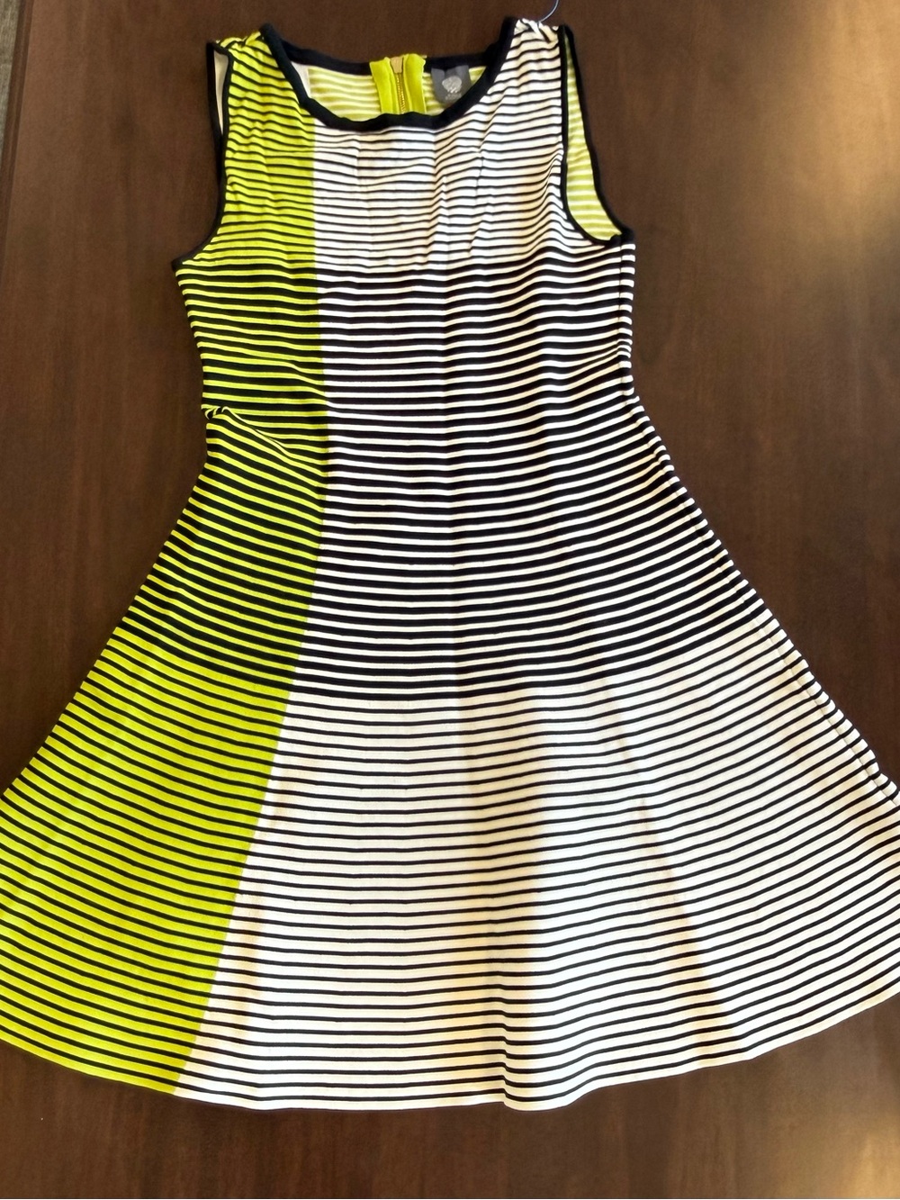 Vince Camuto Striped Fit-and-Flare Dress in Neon Yellow, Black & White